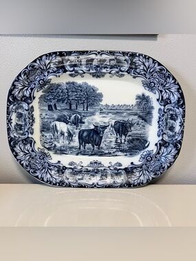 Antique Oval Flow Blue Platter Wedgewood England 17”x13 ” Cattle Cows In Water